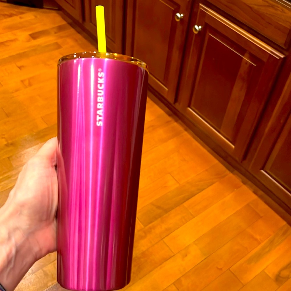 🆕 Metal🔥STARBUCKS “METAL” 24oz Hot Pink 💝 & Yellow Tumbler with Straw (NWT)
